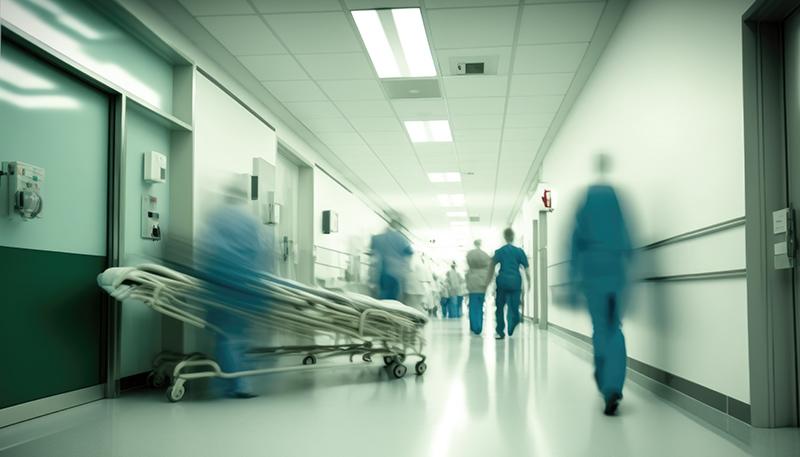 Busy Fast-Paced Crowded Overcrowded Hospital Emergency Room Hall Corridor Waiting Room Timelapse Motion Blur With Doctors and Nurses Walking, Moving, Running Quickly