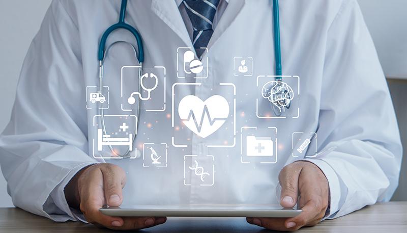 Medical technology concept.Medicine doctor with stethoscope using tablet with icon medical network connection.Electronic medical record.digital healthcare.